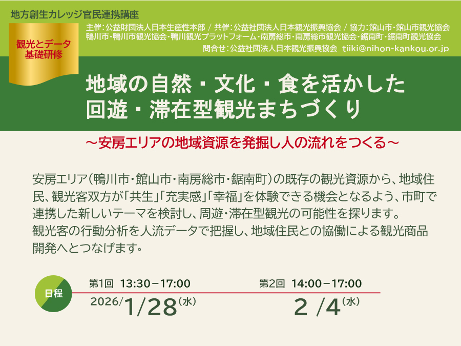 地方創生カレッジ 地域の自然・文化・食を活かした 回遊・滞在型観光まちづくり